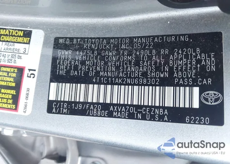 2022 Toyota Camry Le из США, поврежденный, VIN 4T1C11AK2NU698302